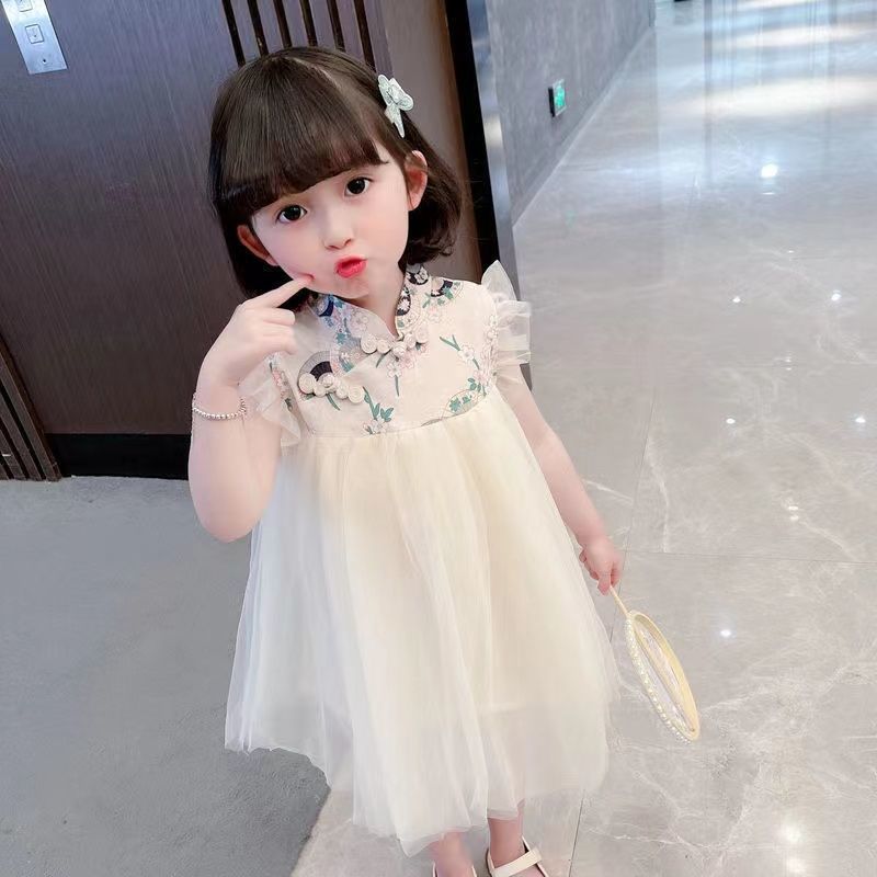 子供 女の子 漢 スタンドカラー ワンピース ふわふわ チュール シースルー チャイ...