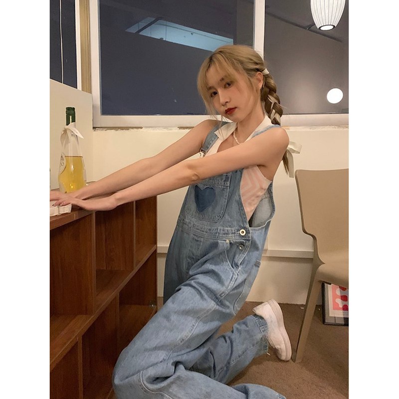 Coat - サロペット オーバーオール レディース デニム ハート 胸ポケット ワイドパンツ ゆったり 体型カバー 大人可愛い ストリート カジュアル ワークパンツ つなぎ ジーパン ズボン