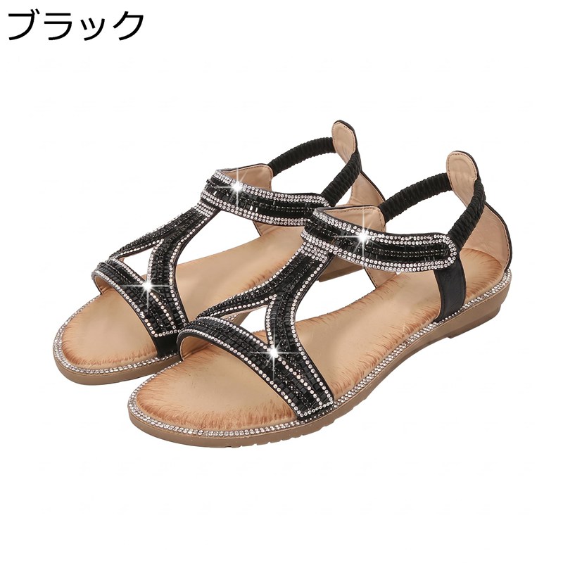 　　　 ◆◇◆人気の秘密◆◇◆ 【華やかなビジュー・ボヘミアン風】最新トレンドを取り入れた、キラキラ輝くラインスを贅沢にあしらったサンダルです。ボヘミアンテイストのなデザインが、足元をパッと明るく華やかに演出し、夏のコーディネートに洗練されたをプラスします。どんな角度から見ても美しく輝く一足です。 【歩きやすい・フラット設計】足への負担を軽減するフラットヒールを採用しました。適度なクッション性のあるインソールが、地面からの衝撃を吸収し、長時間歩いても疲れにくい快適な履き心地を提供します。日常のお出かけから旅行、リゾート地での散策まで、アクティブに動きたい日の強い味方になります。 【脱ぎ履き簡単・バックストラップ】かかと部分には伸縮性に優れたゴムストラップを採用しており、手を使わずにサッと履けるのが魅力です。足首を優しくホールドすることで安定感を高め、歩行時の脱げにくさを実現しました。バックル調整の手間がないため、忙しいお出かけ前でもスムーズに準備が整います。 【素材・滑り止め加工】耐久性に優れたな素材を使用し、ラインスが取れにくい丁寧な仕上げにこだわりました。アウトソールには滑り止め加工が施されているため、濡れた路面やタイルの上でも安心して歩行いただけます。機能性とデザイン性を兼備した、長く愛用いただける一品です。 【幅広いシーン・ギフトに最適】カジュアルなデニムからフェミニンなワンピースまで、どんなファッションにも合わせやすい汎用性の高いアイテムです。自分へのご褒美はもちろん、大切な方への誕生日や記念日のプレゼントとしても大変喜ばれます。海辺のバカンスからタウンユースまで、夏を彩る必須アイテムです。 　　　◆◇◆注意事項◆◇◆ご覧のモニターの環境、撮影環境により実物と色味が異なって見える場合がございます。湿った状態で他のものと擦り合わせると色が移る恐れがあります。濃色品の洗濯時は、白色、淡色と分けて洗ってください。説明 【華やかなビジューデザイン】足元をエレガントに彩るキラキラのラインスを贅沢に配置しました。ボヘミアン調の洗練されたデザインは、リゾート地でも街歩きでも周囲の視線を集めます。光を反射して輝くビジューが、いつものコーディネートになアクセントを加え、大人の女性の魅力を最大限に引き立てます。 【快適な履き心地を追求】足裏に優しくフィットするクッション性の高いインソールを採用しました。フラットな底周りで安定感があり、長時間歩いても疲れにくい設計です。軽量で足への負担が少なく、夏のお出かけや旅行、散歩など、アクティブに動きたい日にも最適。機能性とファッション性を両立させた、夏に欠かせない一足です。 【着脱スムーズなバックゴム】かかと部分には伸縮性に優れたゴムストラップを採用しており、手を使わずにさっと履けるのが魅力です。面倒なバックル調整の手間がなく、急いでいる時もスムーズに準備が整います。しっかりと足首をホールドしながらも締め付け感が少ないため、一日中ストレスフリーで軽快に過ごせます。 【優れた耐久性と滑り止め】アウトソールには耐摩耗性に優れた素材を使用し、細かな凹凸の滑り止め加工を施すことで、プールサイドや濡れた路面でも安心してお使いいただけます。水に強い素材感でお手入れも簡単。細部まで丁寧に仕上げられた品質の高さにより、型崩れしにくく、お気に入りのデザインを長く愛用いただけます。 【あらゆるシーンにマッチ】デニムなどのカジュアルスタイルから、フェミニンなワンピース、ロングスカートまで幅広いファッションに対応します。デイリー使いはもちろん、海辺やリゾート用としても重宝する万能アイテムです。自分へのご褒美にはもちろん、大切な方への夏のお祝いやギフトとしても大変喜ばれるサンダルです。