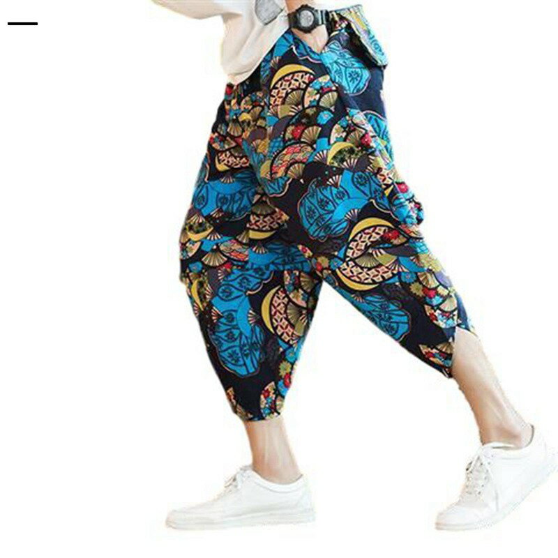 Wear - 花柄 サルエルパンツ クロップドパンツ リネン メンズ エスニック系 和風柄 半ズボン ワイド カジュアル 大きいサイズ ショット 7分丈 通気 ひんやり ゆったり 涼しい 男女兼用