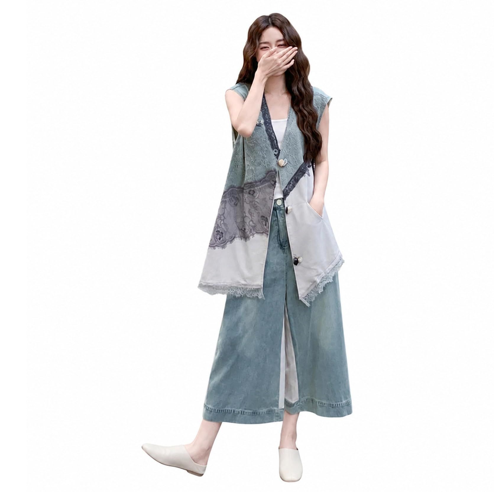 セットアップ レディース 夏 体型カバー ロングジレ ワイドパンツ ノースリーブ ベ...