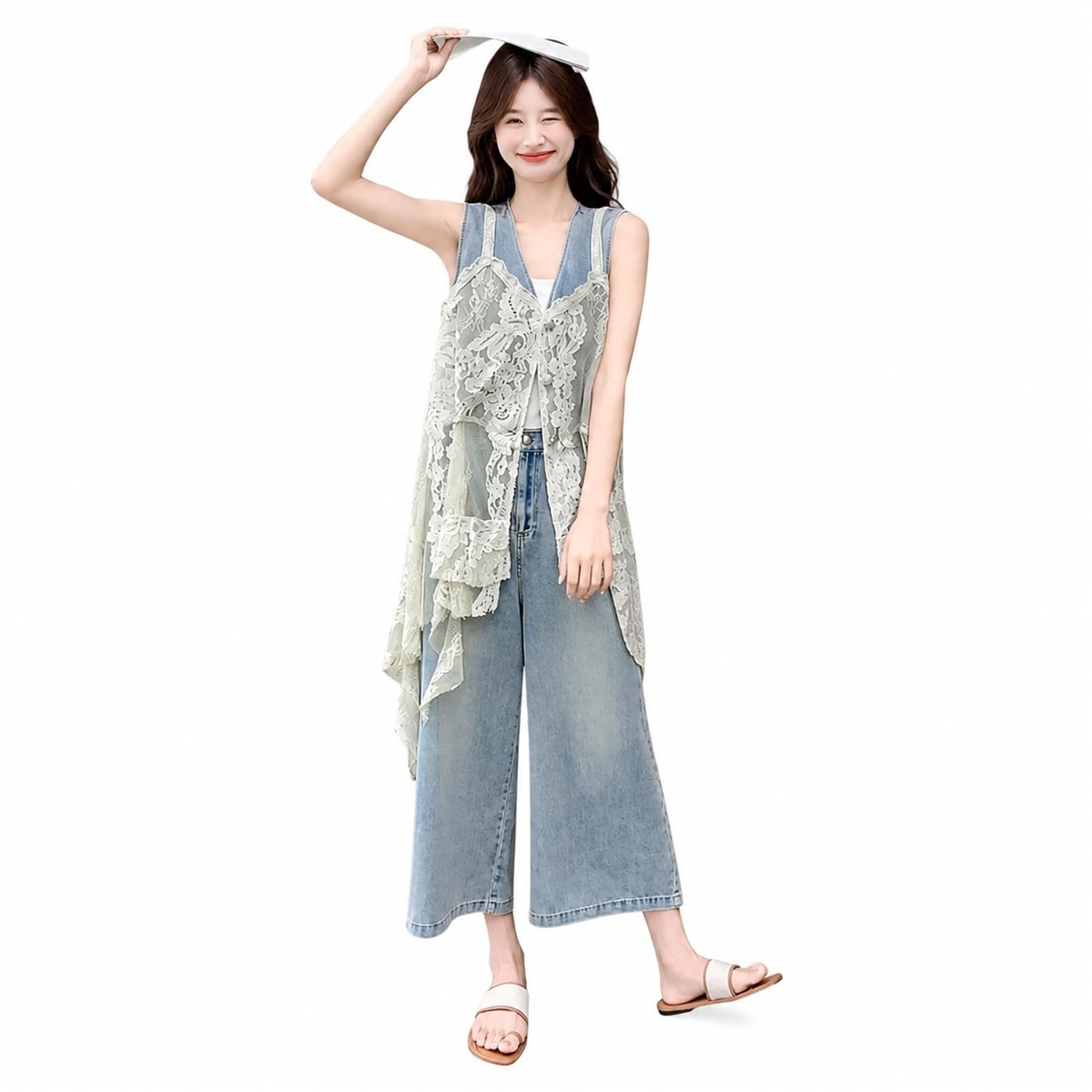 　　　 ◆◇◆売れている秘密◆◇◆ 【デニム セットアップ】大人可愛いデニムベストとクロップド丈ワイドパンツの2点セットが登場。フェミニンなレースをあしらった重ね着風のベストと、すっきりとしたシルエットのデニムパンツが絶妙なバランスを演出します。※インナーの白いタンクトップは付属しておりません。 【着痩せ レースベスト】繊浅なレースをレイヤードしたノースリーブベストは、ウエスト周りを自然に隠して体型カバーを叶えます。アシンメトリーな裾のレースデザインが歩くたびに軽やかに揺れ、カジュアルなデニムスタイルに華やかさと上品なフェミニンさをプラスします。 【ワイドパンツ 九分丈】脚のラインを拾いにくいゆったりとしたワイドシルエットのデニムパンツ。足首が見える九分丈（クロップド丈）設計で、足元をすっきりと見せてスタイルアップ効果が期待できます。さらっとした肌触りの素材を採用し、夏の暑い時期でも快適に着用いただけます。 【上下セット カジュアル】セットでの着用はもちろん、それぞれ単品としても着回し力のアイテムです。お手持ちのTシャツやキャミソールと合わせるだけで、通勤や通学、日々のお出かけ、旅行、ショッピングなど様々なシーンで大活躍する大人のきれいめカジュアルコーデが完成します。 【大人可愛い 夏服】ブルーの爽やかな色合いで、夏のコーディネートを彩る一枚。サイズはSからXLまで幅広く展開しており、ゆったりとした着心地を好む方にもです。さらりと柔らかな質感の綿混デニム系素材で、お洗濯を重ねても風合いを保ちやすく、日常使いにぴったりです。 　　　◆◇◆注意事項◆◇◆ご覧のモニターの環境、撮影環境により実物と色味が異なって見える場合がございます。湿った状態で他のものと擦り合わせると色が移る恐れがあります。濃色品の洗濯時は、白色、淡色と分けて洗ってください。説明 -