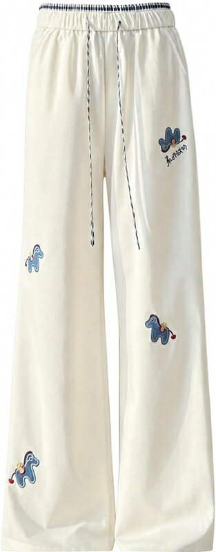 　　　 ◆◇◆売れている秘密◆◇◆ ウエスト:66 ヒップ:100 パンツ丈:100 股下:100 / ウエスト:70 ヒップ:104 パンツ丈:101 股下:101 / ウエスト:74 ヒップ:108 パンツ丈:102 股下:102 / ウエスト:78 ヒップ:112 パンツ丈:103 股下:103 【大人可愛いデザイン】愛らしい馬のワンポイント刺繍が施されたスウェット ワイドパンツ。シンプルながらも遊び心のあるデザインで、普段のコーディネートにおしゃれなアクセントをプラスします。ストンと落ちる美しいシルエットが、カジュアルさの中にフェミニンな雰囲気を演出します。 【体型カバー＆快適フィット】ゆったりとしたルーズなシルエットで、気になる脚のラインを自然にカバーするレディース スウェットパンツ。ドローストリング付きのウエストゴム仕様なので、お腹周りを締め付けず、ご自身の体型に合わせて心地よくフィットします。 【抜群の履き心地】柔らかく通気性に優れた素材を採用したイージーパンツ カジュアル。汗ばむ季節でもベタつきにくく、爽やかな着用感が持続します。軽やかでしなやかな落ち感があり、動くたびに美しい揺れ感を楽しみながらリラックスして過ごせます。 【デイリーに大活躍】摩擦に強く型崩れしにくい耐久性を備えたボトムスです。ご家庭で簡単にお手入れができるため、毎日のローテーションに最適。丁寧な縫製と細部へのこだわりにより、長く愛用できる仕上がりとなっており、アクティブな毎日を支えます。 　　　◆◇◆注意事項◆◇◆ご覧のモニターの環境、撮影環境により実物と色味が異なって見える場合がございます。湿った状態で他のものと擦り合わせると色が移る恐れがあります。濃色品の洗濯時は、白色、淡色と分けて洗ってください。説明 -