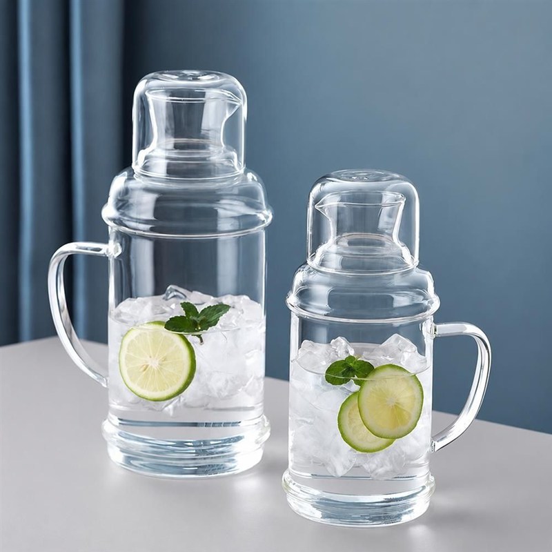 ピッチャー 耐熱ガラス コップ付き 蓋付き 1100ml 麦茶ポット 冷水筒 水差し 取っ手付き 大容量 ガラスポット 洗いやすい おしゃれ レトロ 卓上 お茶 ジュース入れ 熱湯対応 冷蔵庫
