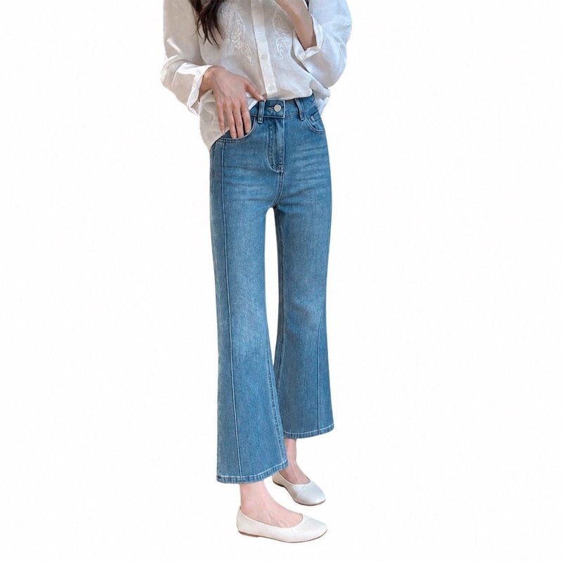 デニムパンツ レディース ブーツカット ジーンズ ハイウエスト アンクル丈 美脚 脚長 センターシーム ストレッチ ジーパン クロップドパンツ ボトム 九分丈 カジュアル 体型カバー ぽっちゃり 春