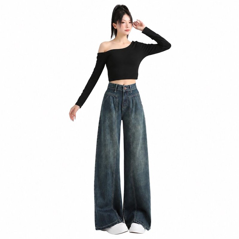 デニム ワイドパンツ レディース ハイウエスト センターシーム ジーンズ タック入...