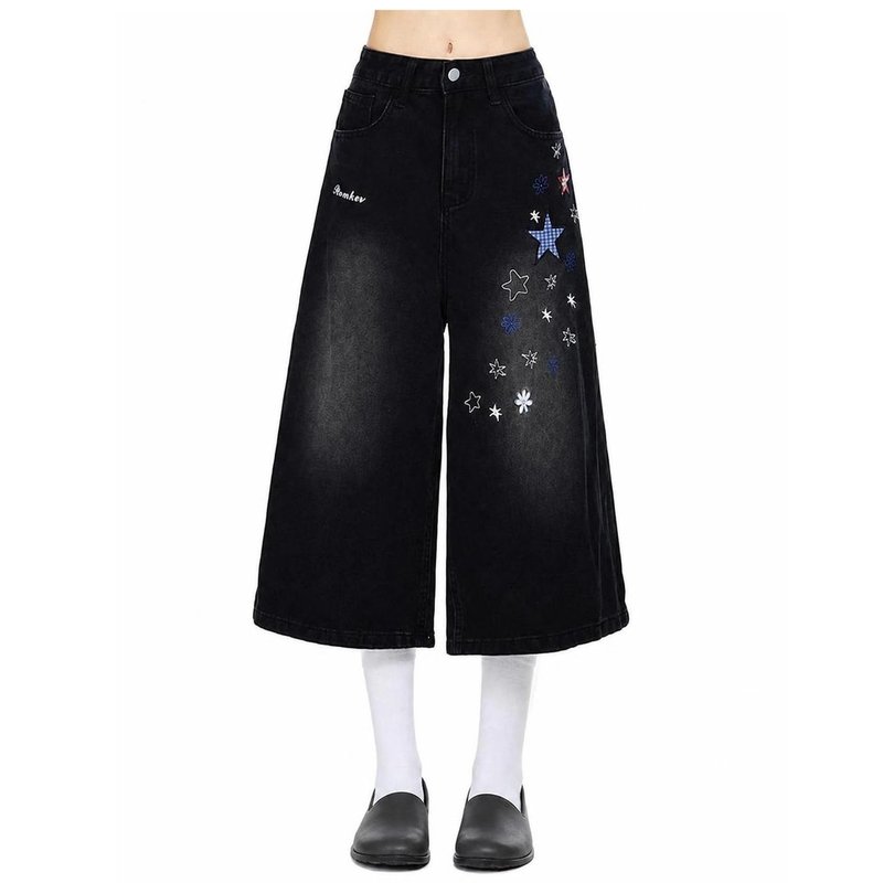 デニム ガウチョパンツ 体型カバー レディース ゆったり ジーパン クロップドパンツ 星柄 ワッペン カジュアル ストリート 春 夏 秋 大きいサイズ ポケット付き ボトムス おしゃれ