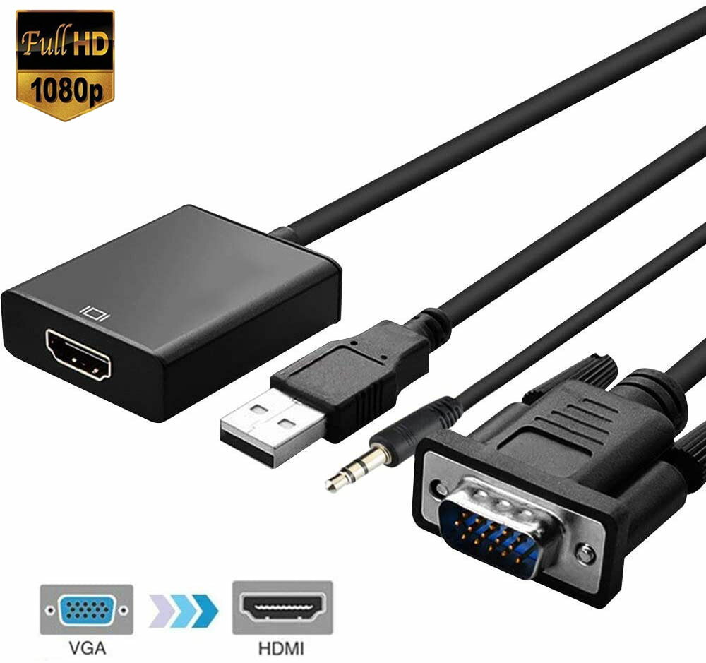 ★期間限定ポイント5倍★VGA to HDMI 変換 ケーブル ビデオケーブル 変換アダプタ コンバー 1080P USB電源付き 3.5mm音声出力 高解像度 音声転送 テレビ Laptop パソコン モニタなど用