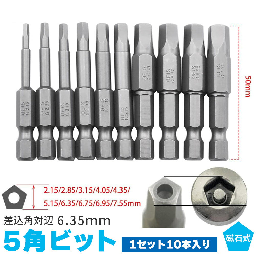 10ピース 6.35mm 五角軸 ドライバービット 10サイズセット 磁気 五角形 電動ドライバー ビットセット 精密ドリルビット 電気工具 ビットセット 電動ドライバー インパクトドライバー ドライバー