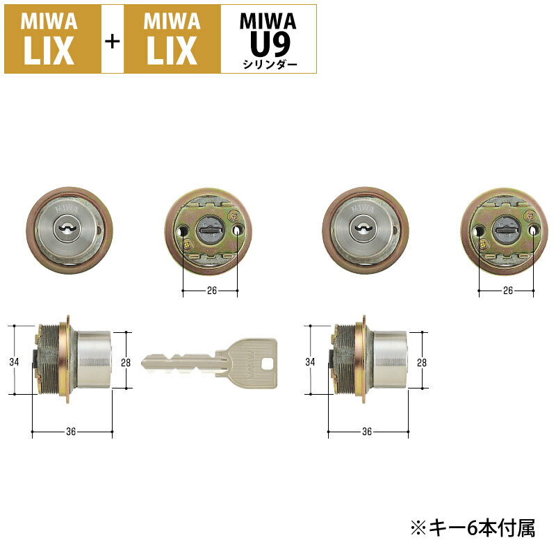 MIWA 美和ロック 鍵 交換 玄関ドア 自分で DIY マンション 賃貸 U9 PRシリンダー LIX+LIX TE0 LE0 PESP GAS 送料無料 2個同一キー シルバー ST色 MCY-424