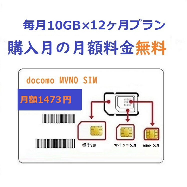 「購入月無料 12ヶ月」毎月10GB プリペイドSIMカード Docomo回線 日本高速データ通信 Japan Prepaid SIM card LTE対応 利用期限延長可能 テザリング可能 サブ機 契約不要 車載用 1年間