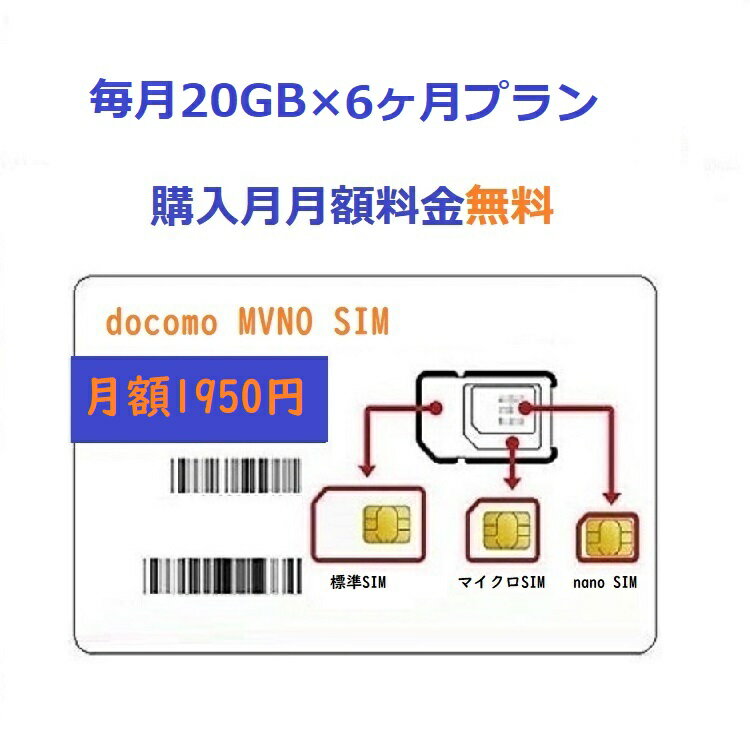 「購入月無料」毎月20GB x 6ヶ月　プリペイドSIMカード Docomo回線 日本高速データ通信 Japan Prepaid SIM card LTE対応 利用期限延長可能 テザリング可能 サブ機　契約不要