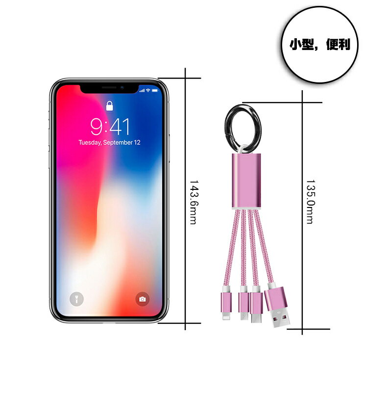 iPhoneケーブルType-CケーブルMicroUSBケーブル3in1充電ケーブル超小型ストラップ式急速充電ケーブルナイロンケーブルiPhone用Android用達便ネコネコポス送料無料