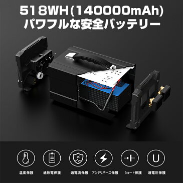 ポータブル電源 大容量 140000mAh 500w/518Wh 家庭用蓄電池 PSE認証済 純正弦波 AC/DC/USB出力 3つの充電方法 電量表示 ソーラー充電 ポータブル 生活家電充電 緊急電源 車中泊 キャンプ 防災 アウトドア 防災グッズ ゆうパケット 送料無料
