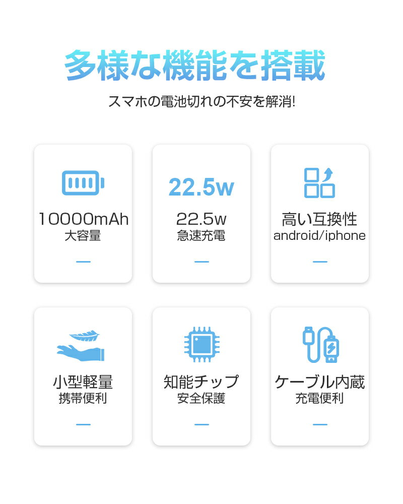 モバイルバッテリー ケーブル内蔵型 10000mAh 22.5W出力 残電量表示 機内持ち込みOK iPhone17/16充電 Type-C入力 iPhone/USB/Type-C出力 スマホ充電器 iPhone/Android 全機種対応 おしゃれ 携帯便利 防災グッズ 90日保証付き 日本語取扱説明書 【PL保険加入済み製品・安心】