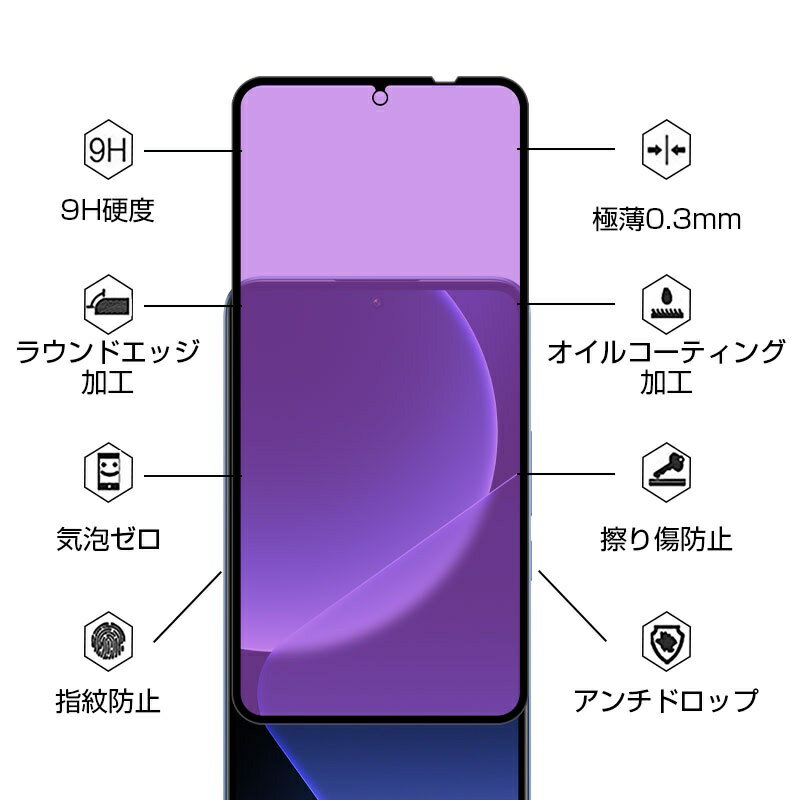 Xiaomi 13T / Xiaomi 13T Pro 強化ガラス保護フィルム ブルーライトカット スクリーン保護フィルム 耐衝撃 耐摩擦 携帯電話 3D 全面保護 目に優しい 視力保護 貼り付け簡単 液晶画面保護 0.3mm 薄型 表面硬度9H 割れにくい 防爆 飛散防止 防汚 疎油 撥水 指紋防止