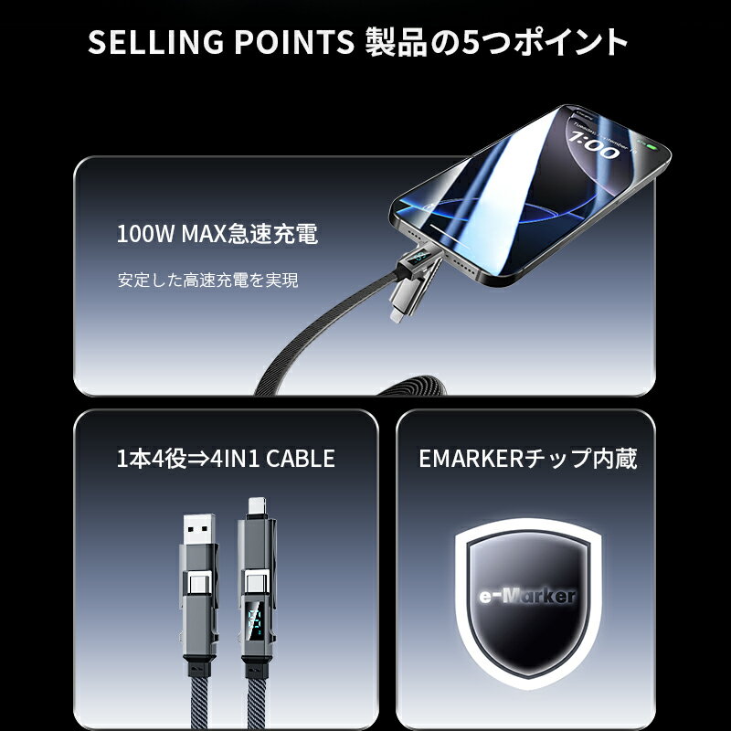 4in1 USB充電ケーブル Type-C to Type-Cケーブル【2025最新】 iPhone17 1m 充電コード Type-C / iPhone / USB-A 急速充電対応 高耐久ナイロン編み USB2.0 データ転送 480Mbps 高速データ通信 携帯便利 正規充電器対応 会社 オフィス 安心保証 【PL保険加入済み製品・安心】