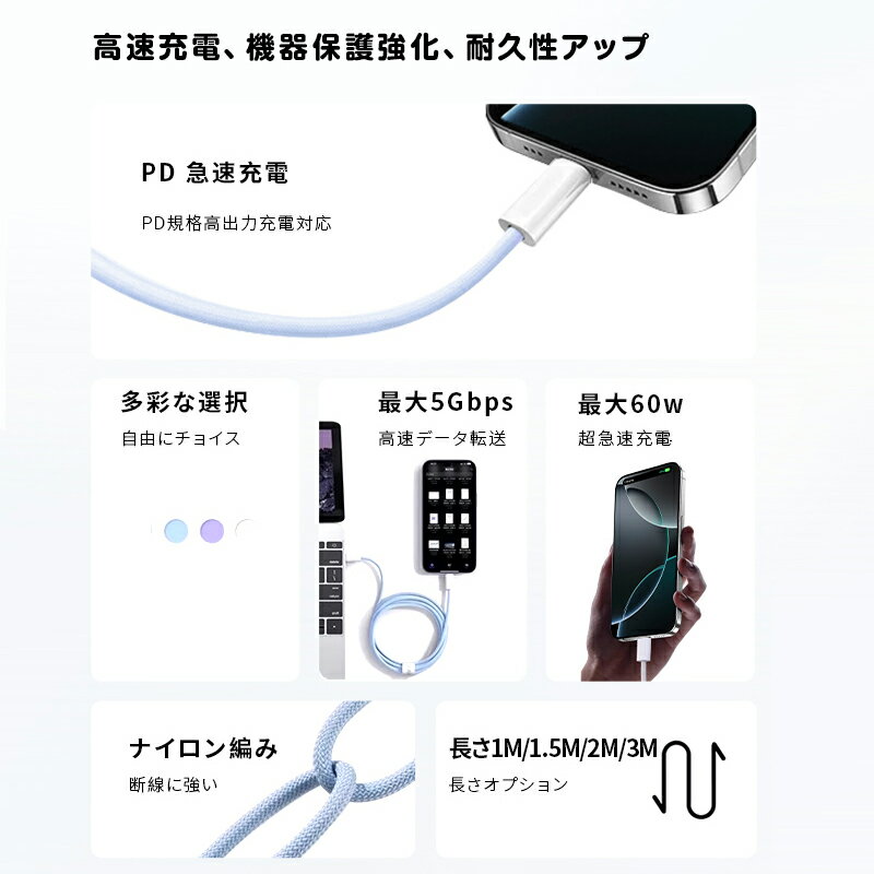 【2026最新】Type-C to Type-Cケーブル 長さ1m/1.5m/2m/3m PD60W 急速充電 usb-c ケーブル 5Gbps 高速データ転送 USB3.0規格 断線に強い ナイロン編み iPhone17充電 スマホ/イヤホン/ノートパソコン/タブレット充電 パワーデリバリー対応 【PL保険加入済み製品・安心】