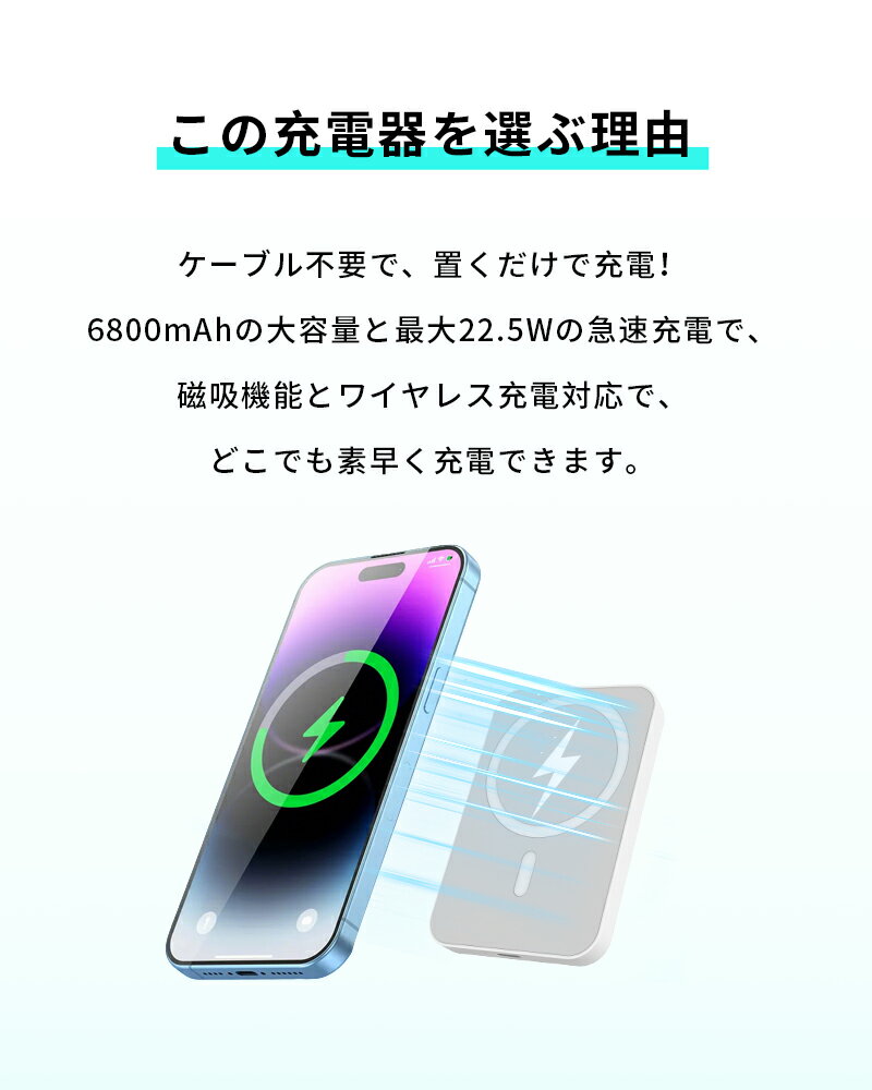 モバイルバッテリー 小型 薄型 大容量 6800mAh 防災電源 2026新登場 15W 磁気吸着充電器 22.5W急速充電 ワイヤレス充電 有線無線両用 2台同時充電 iPhone 17/iPhone Air/16e充電 iPad/Android対応 機内持込 PSE認証 通勤 旅行 90日安心保証付き 【PL保険加入済み製品・安心】