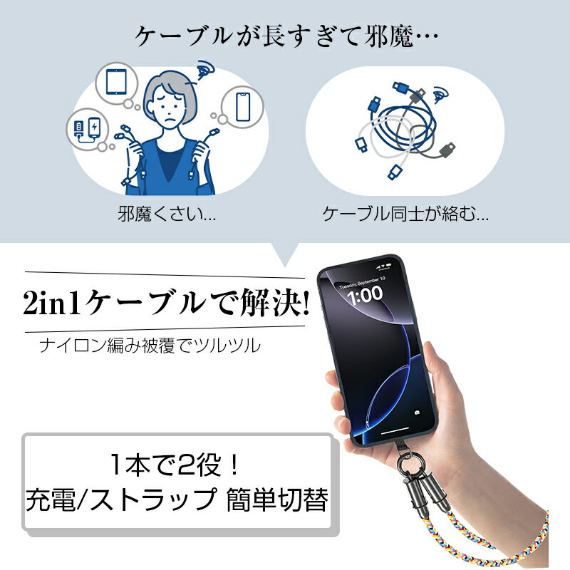 Type-C to Type-C充電ケーブル ストラップ＆充電 Type-C to iPhone 手首ストラップ 長さ30cm PD対応 27W 60W iPhone17/15 急速充電 480Mbps データ伝送 高速 ナイロン編み 2025最新設計 高品質 耐久性 紛失防止 ホルダーセット 軽量 持ち運び【PL保険加入済み製品・安心】