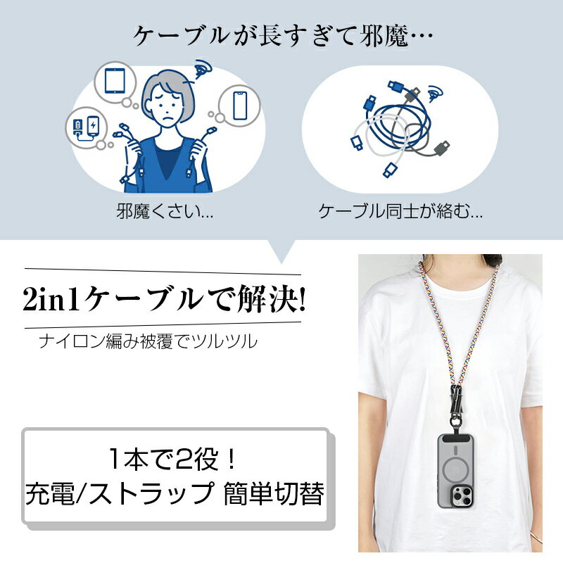 充電ケーブル スマホショルダーケーブル 長さ1.2m Type-C to Type-C ケーブル Type-C to iPhone 充電ストラップ 多端子対応 iPhone17/15対応 PD対応 27W 60W iOS/Android対応 2wayケーブル 選べる2タイプ ナイロンメッシュ 落下防止 便利グッズ 【PL保険加入済み製品・安心】