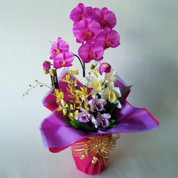 造花アーティフィシャル胡蝶蘭白赤M＆カトレアアレンジb-14高さ40cm×巾25cm造花・光触媒