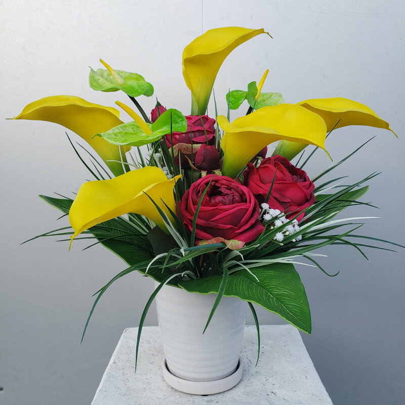 乐天商城 - 黄カラー＆赤バラMIXアレンジ/造花・高50×幅35