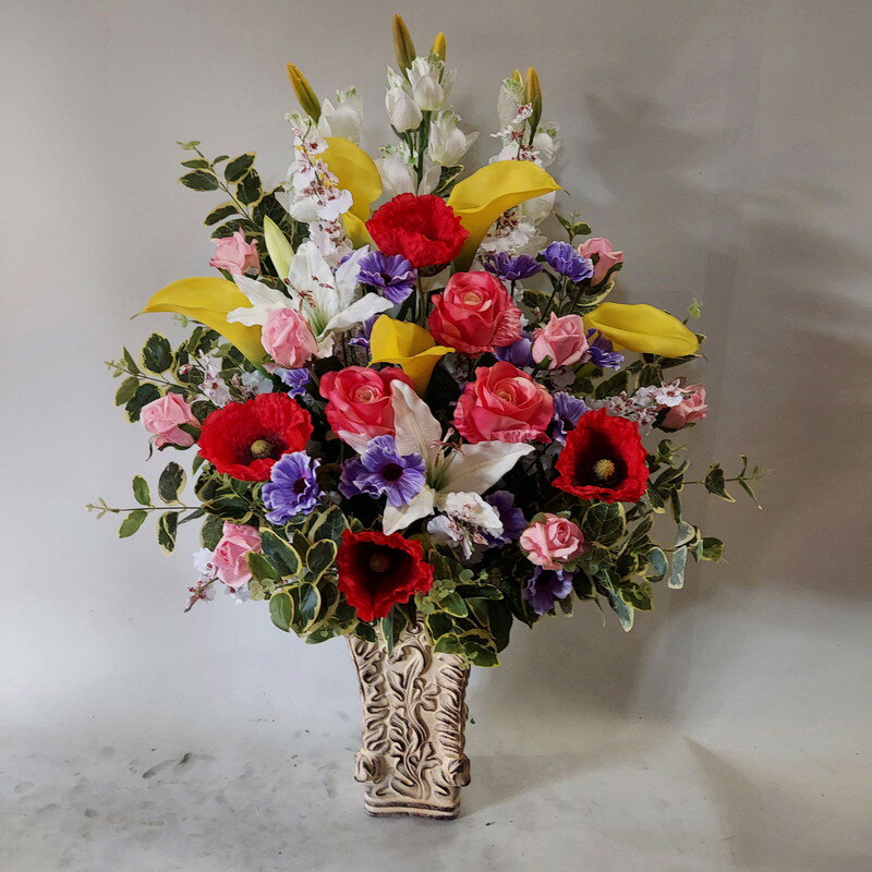 乐天商城 - バラピンクー＆黄カラーMIXアレンジ（造花）・高100×60・光触媒コーティング　アーティフィシャルフラワー　アートフラワー　フェイク　大型アレンジ　バラアレンジ　カラー　お誕生日　母の日　お祝い　プレゼント