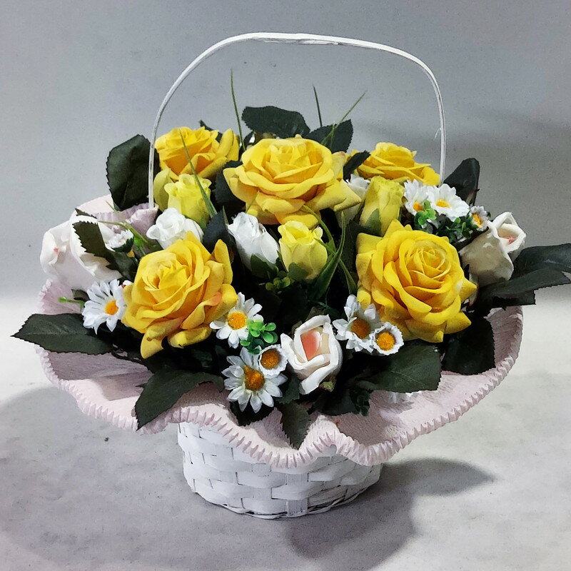 黄バラMIX（バスケット）（造花）規格　高25×幅28 /光触媒