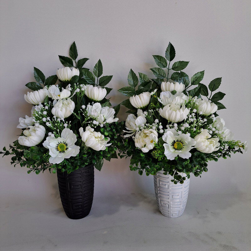 乐天商城 - 仏花白仕上・花瓶付/1対（2個）【造花】約高45×幅25・光触媒　お供え　お悔み　お彼岸　お盆