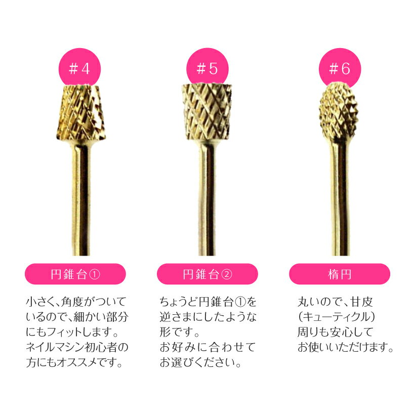 ネイルマシン用 アタッチメント ビット(ゴールド)テーパーバレル コーン オーバル バックフィル ネイルマシーン 高性能 ネイルラボ・ミニローロ対応 ネイルフィニッシャー プチトル petitor