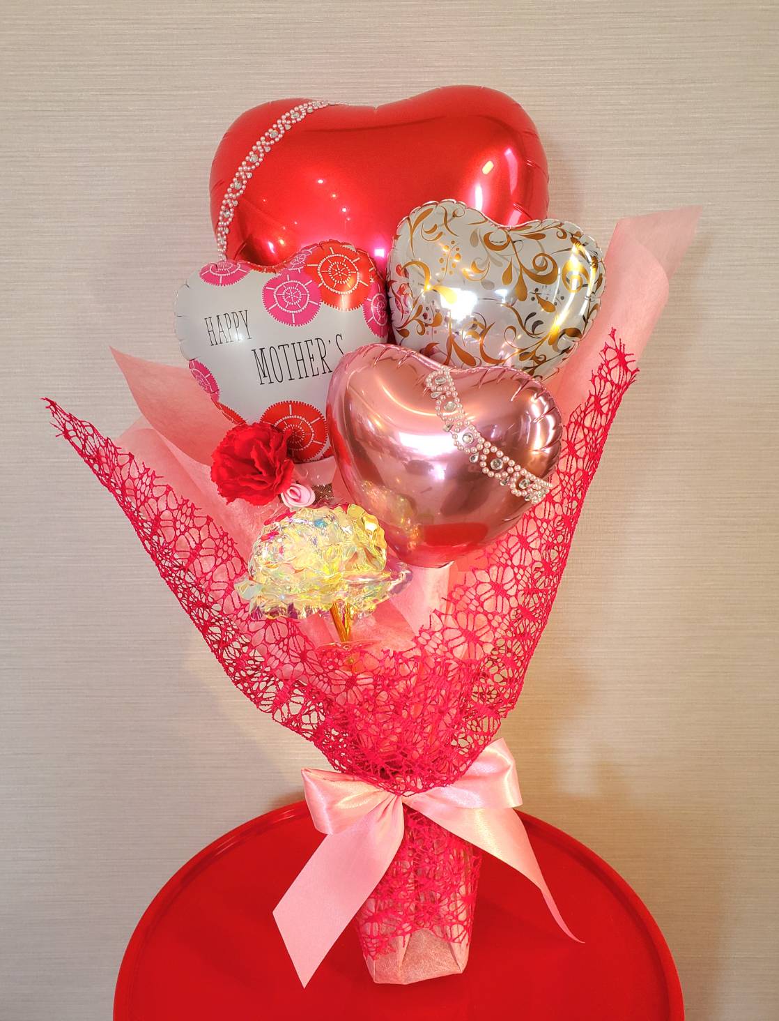 【ハート】　バルーンブーケ　花束　（ありがとう・おめでとう・誕生日・HAPPY MOTHER'S DAY）　（ピンク・ブルー・パープル）　【記念日やイベントのとき、感謝の気持ちとしてプレゼントしてはいかがでしょうか！お花よりも長持ち！とっても喜びます！】