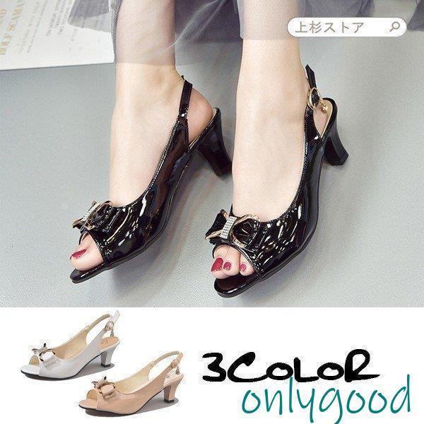 サンダル レディース ストラップ ハイヒール パンプス 靴 チャンキーヒール リボン オープントゥ シューズ ミュール 歩きやすい 美脚 4cm