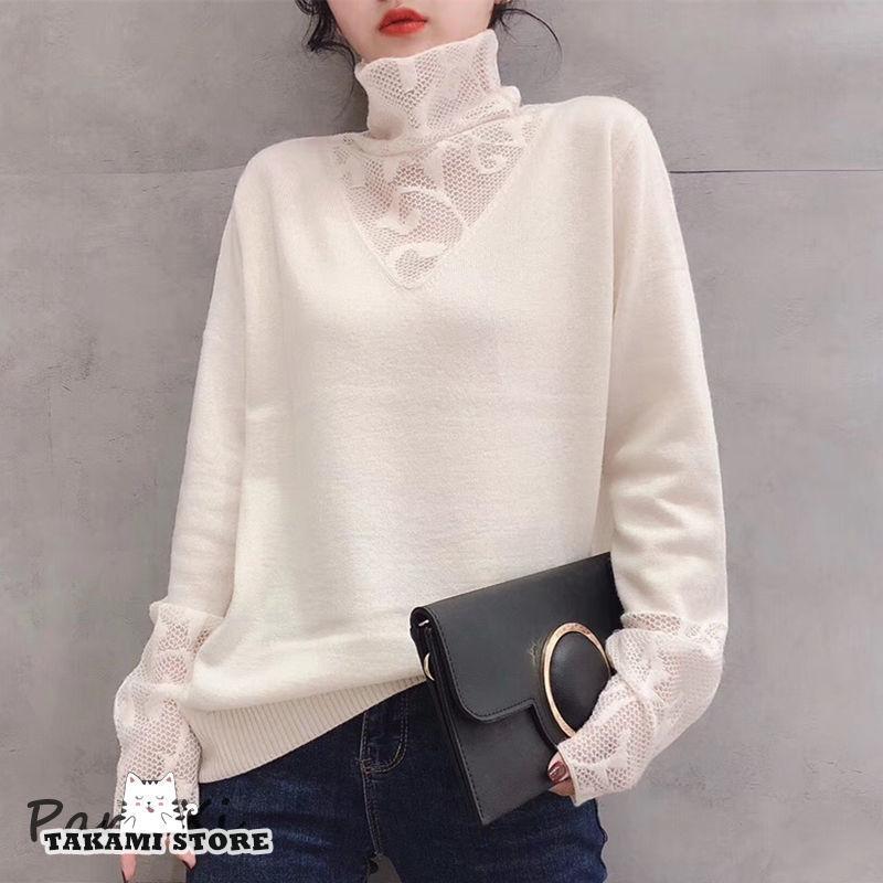 Three-Quarter Knit - ニットセーター レディース ニット ニットソー レース 無地 長袖 ハイネック 切り替え ゆったり おしゃれ トップス 通勤 着痩せ 大人 可愛い 秋 冬 着痩せ
