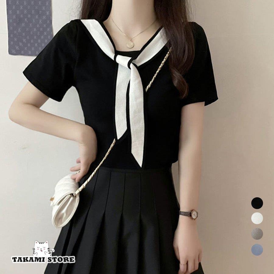 素材：ポリエステル65%＋綿35%カラー：ブラック/オフホワイト/ライトグレー/ブルーサイズ：ワンサイズ着丈約43cm 肩幅:約34cm 袖丈:約19cm ゆき:約36cm 身幅:約41cm 胸囲:約82-130cm裏地：なし伸縮性：あり透け感：オフホワイトのみややあり※ニット素材の為、伸縮具合によっては編みに隙間を感じる場合があります生産国：中国レディース 韓国風サマーニット シンプル 半袖 ショート丈 ニットカットソー 無地 お洒落 タイトニットソー かわいいバイカラーのボウタイデザインでカジュアルニットトップス体にフィットするからメリハリのあるボディラインになれるタイト仕様夏ではそのまま1枚、春秋冬ではインナーとしてアウターと合わせてロングシーズン大活躍