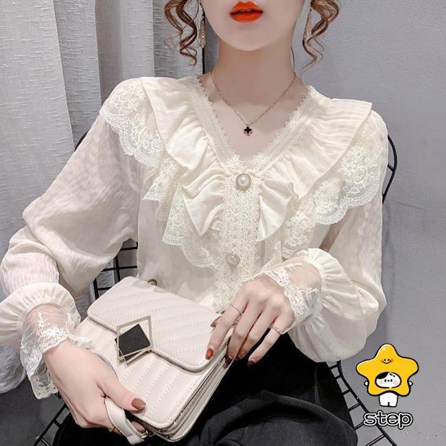 Rakuten - 【期間限定10％OFF】フリルブラウス レディース 秋 レースブラウス 白 Vネック 長袖 春 ブラウス レトロ 姫系 フリル トップス おしゃれ 長袖ブラウス