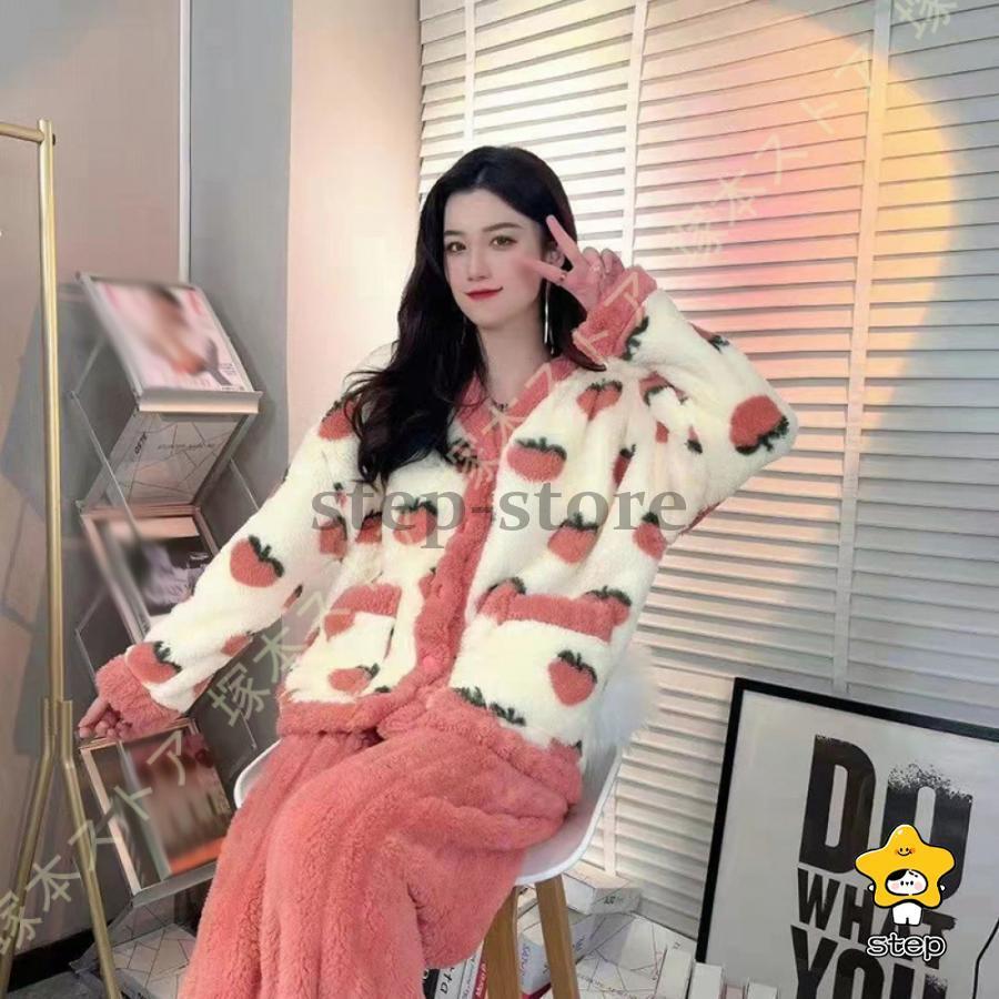 ルームウェア 上下セット もこもこ セットアップ レディース お揃い パジャマ 厚手 ゆったり 刺繍ロゴ 可愛い 冬 部屋着 長ズボン トップス 長袖 前開き