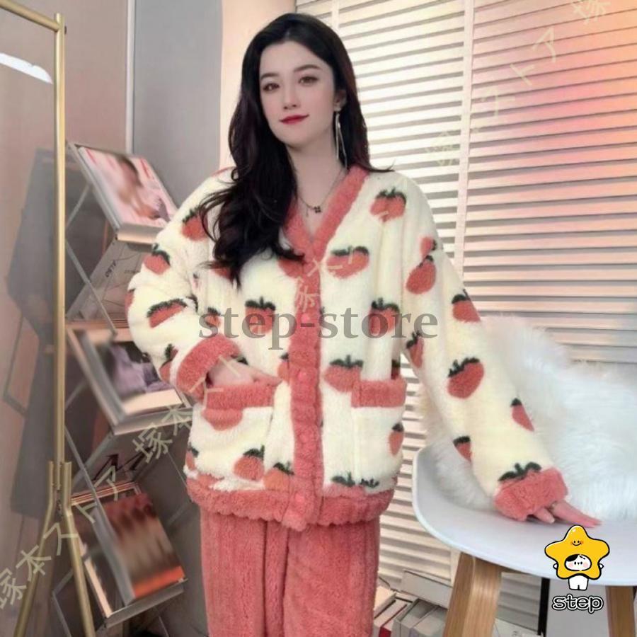 ルームウェア 上下セット もこもこ セットアップ レディース お揃い パジャマ 厚手 ゆったり 刺繍ロゴ 可愛い 冬 部屋着 長ズボン トップス 長袖 前開き