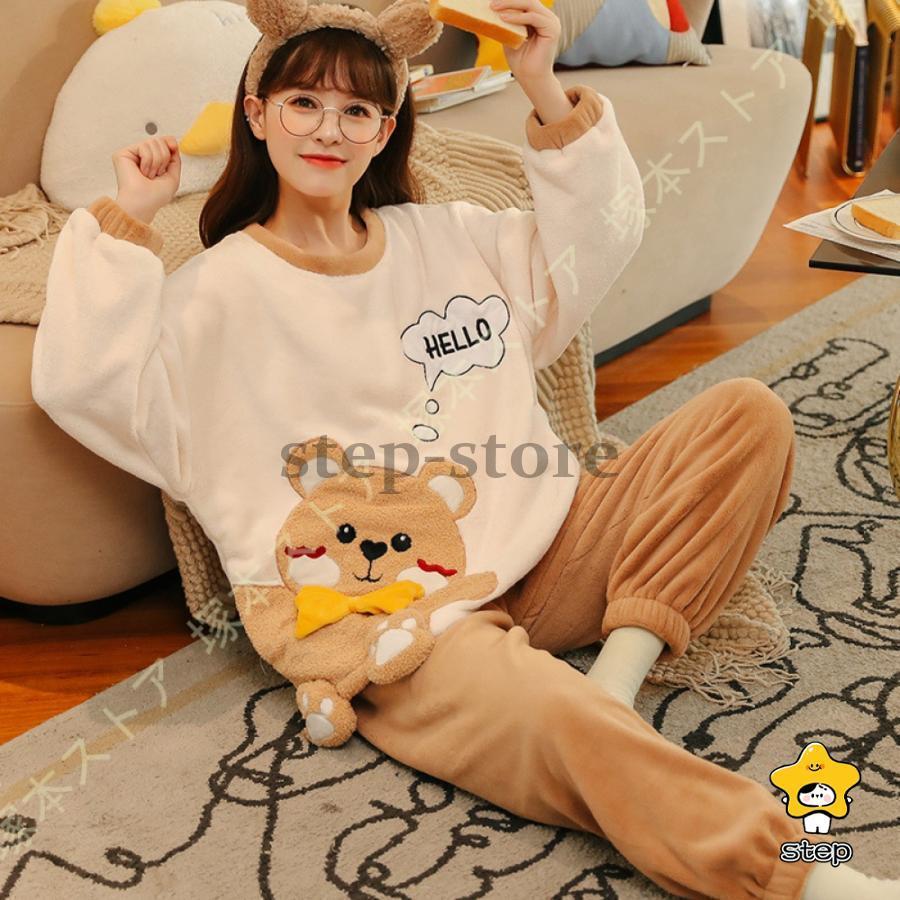 上下セット ルームウェア セットアップ もこもこ 裏起毛 レディース パジャマ フリース 厚手 ゆったり クマ柄 可愛い 冬 部屋着 パーカー 長袖 長ズボン