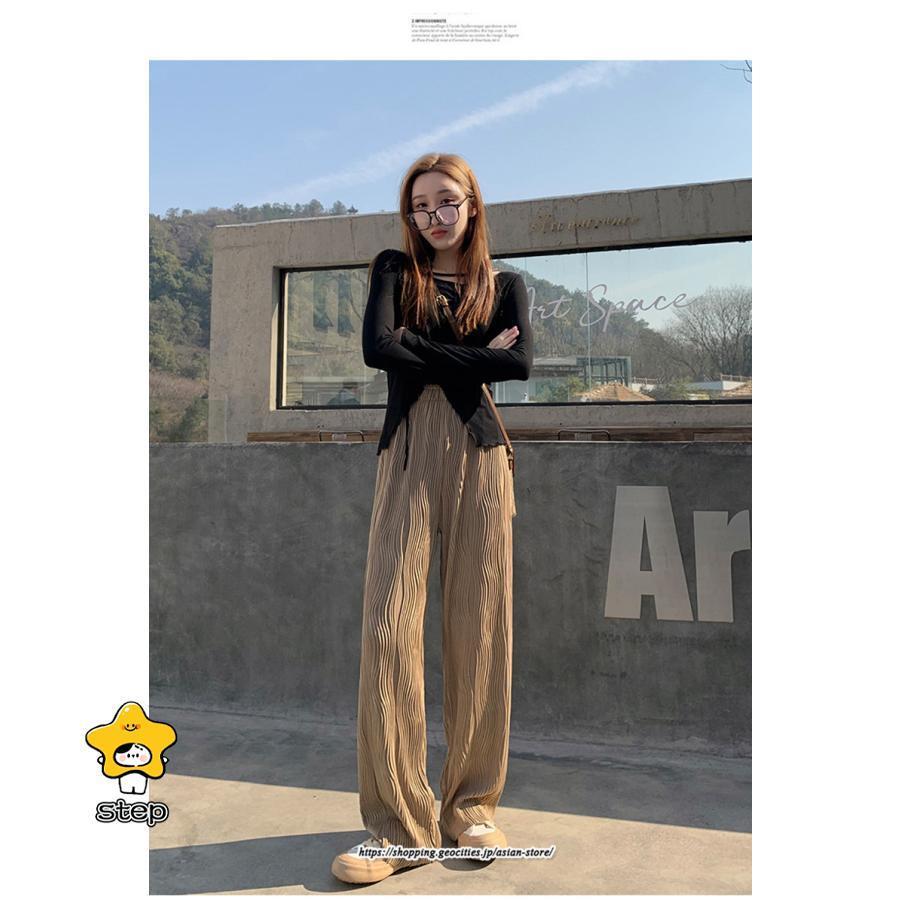 プリーツパンツ レディース ワイドパンツ ハイウエスト ストレートパンツ 着やせ ロングパンツ ウエストゴム ボトムス 春 春物 薄手 20代30代40代50代