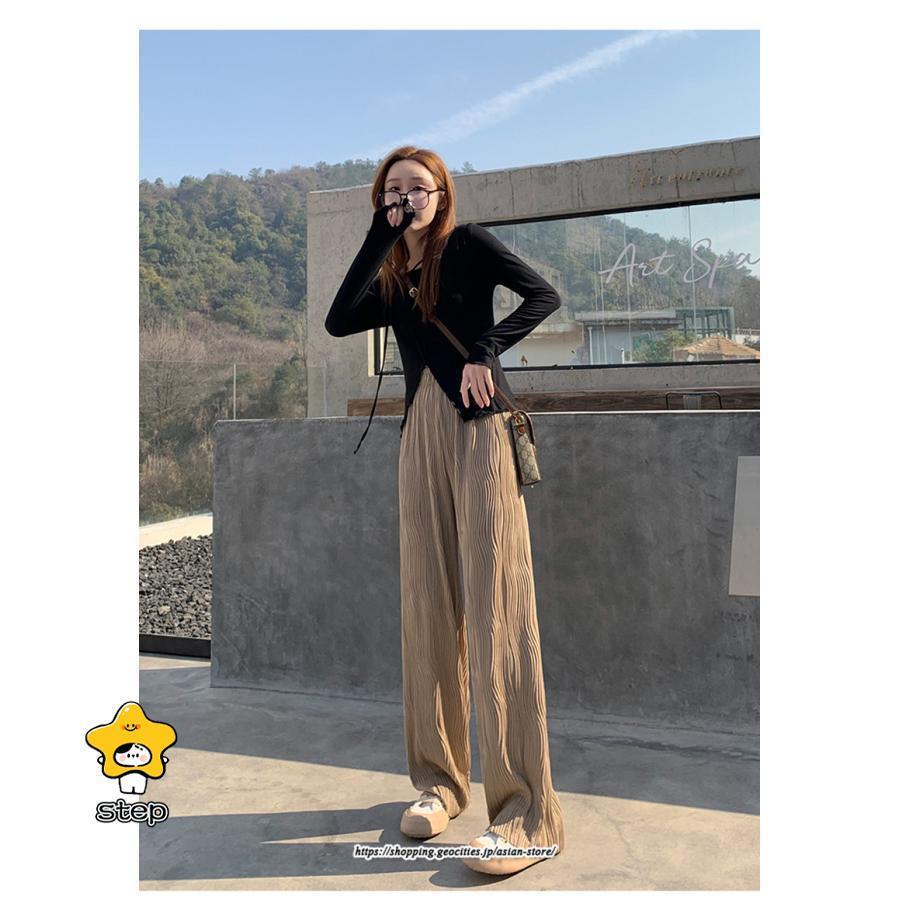 プリーツパンツ レディース ワイドパンツ ハイウエスト ストレートパンツ 着やせ ロングパンツ ウエストゴム ボトムス 春 春物 薄手 20代30代40代50代