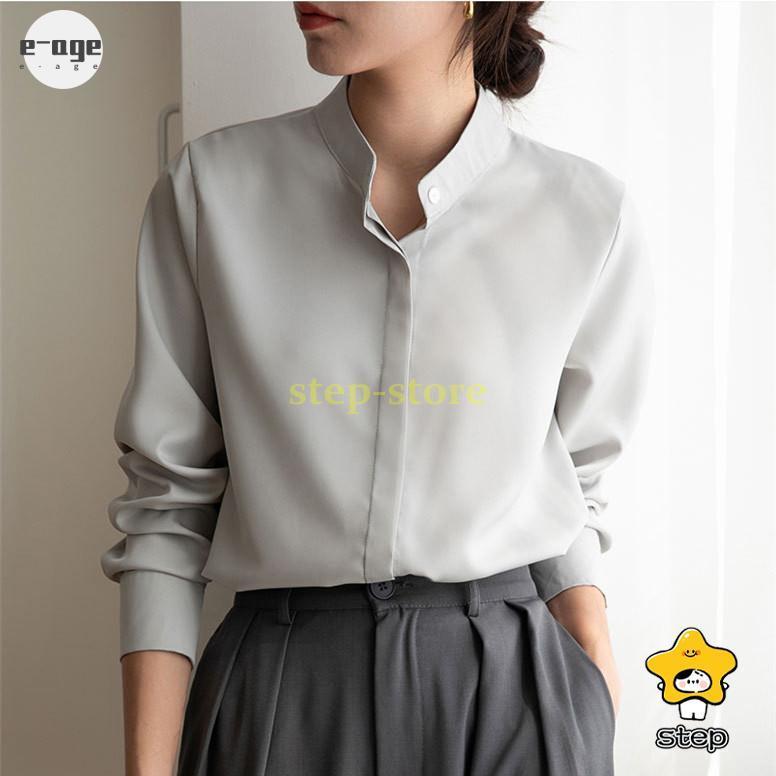 Long-Sleeved - トップス シャツ ブラウス 通勤スタイル オフィス 長袖 おしゃれ 大きいサイズ グレー 立ち襟 レディース バンドカラーブラウス シンプル 大人 仕事
