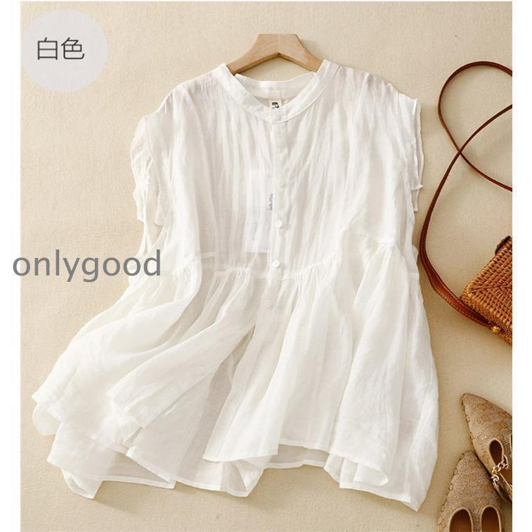 樂天商城 - 【期間限定10％OFF】ブラウス レディース 春 夏 春夏 トップス ノースリーブ プルオーバー クルーネック 前開き プリーツ 綿麻 無地 ショート丈 ウエストリボン シャツブラウス