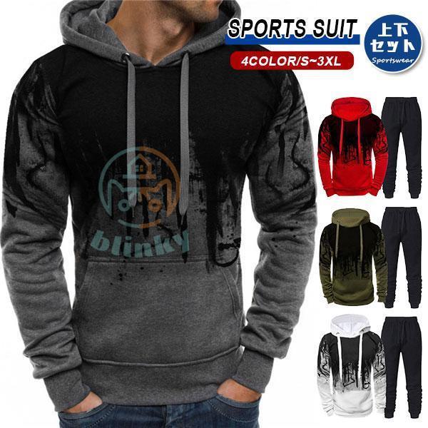 セットアップ メンズ ジャージ スウェット ゴルフウェア 上下セット パーカー フード付き プルオーバー 配色切り替え ウエストゴム 上品 運動着
