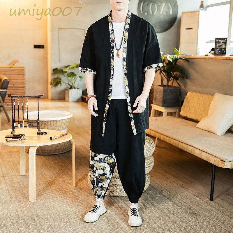 甚平 セットアップ 上下セット メンズ ジャージ 2点セット 綿麻 半袖 和服風 七分袖 ロングパンツ 春 夏 お祭り 花火大会 通気 ゆった..