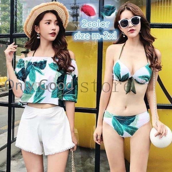 【期間限定10％OFF】水着オフショル水着セットレディース体型カバー水着ビキニ4点セットボタニカル水着プチプラ水着タンキニ秋新作