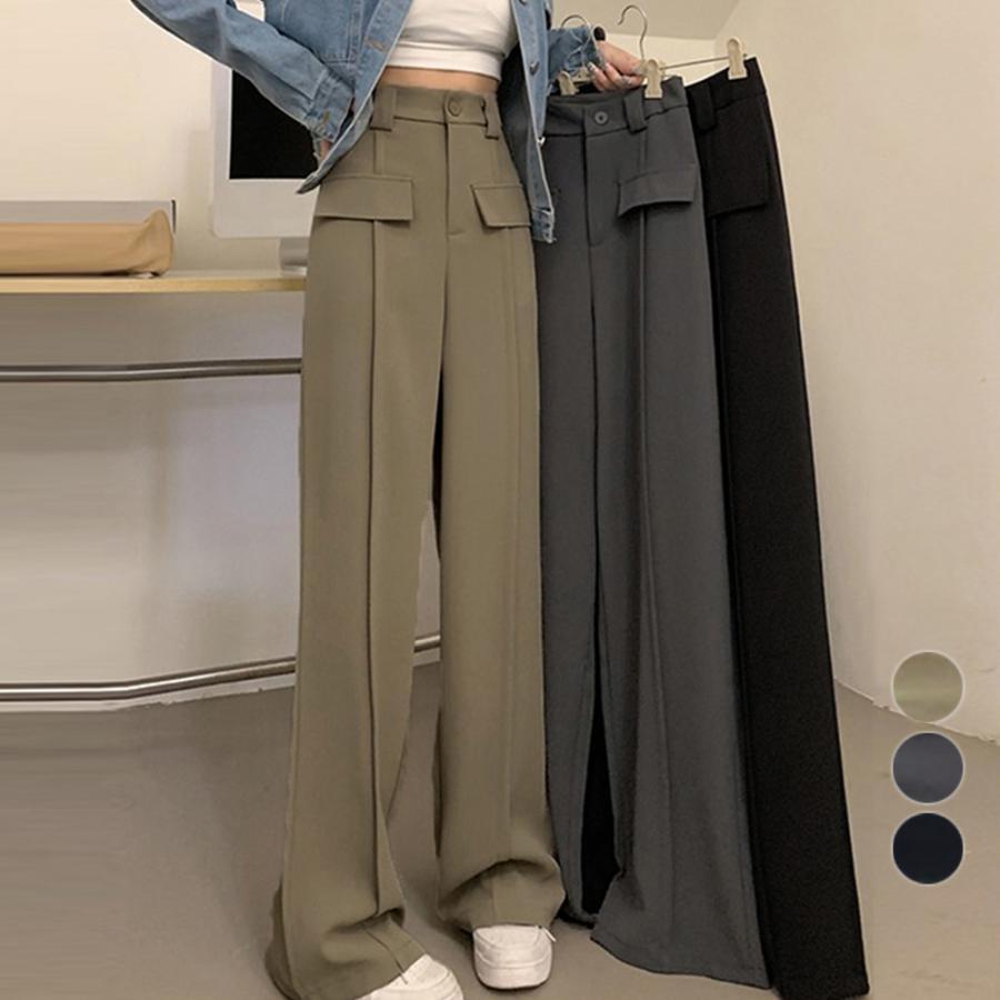 Rakuten - ワイドパンツ ハイウエストスラックス脚長