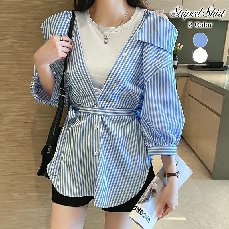 【期間限定10％OFF】ブラウス 重ね着風 レイヤード オフショル ストライプ柄 シャツ トップス レディース 長袖 オフショルダー 肩開き ビッグカラー ゆったり きれいめ 春 夏 秋 冬