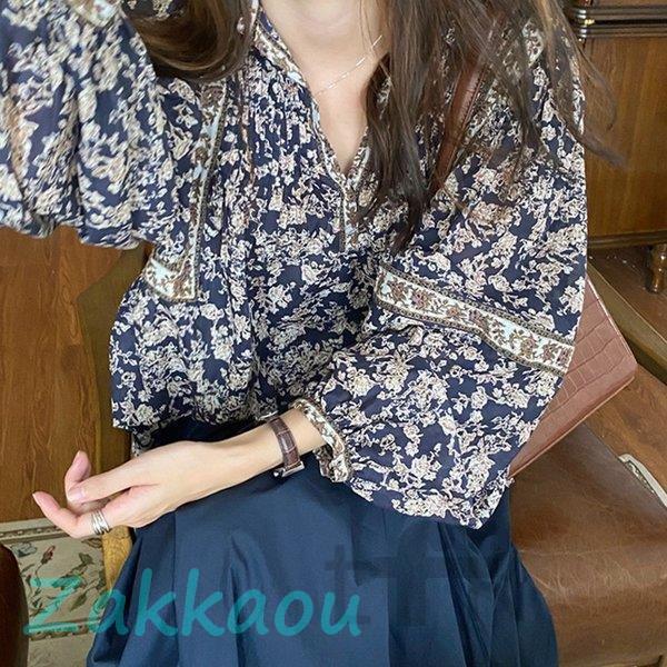 【期間限定10％OFF】レディース ブラウス きれいめ 40代 秋新作 長袖ブラウス 花柄シャツ パフスリーブ Vネック シフォントップス オシャレカジュアル 韓国風 ゆったり 大人可愛い