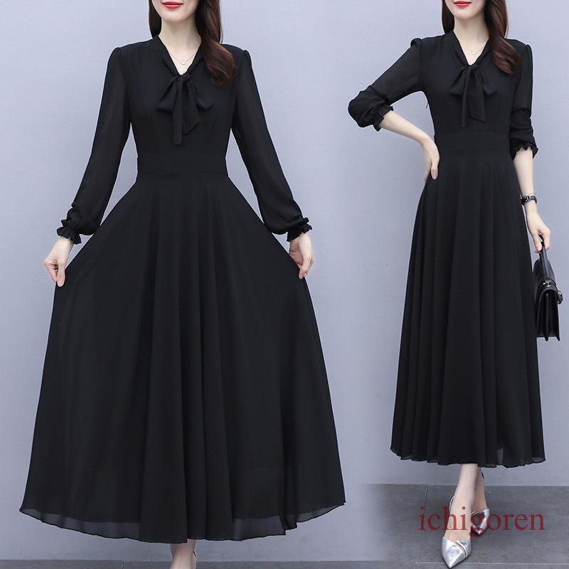 Rakuten - 【期間限定10％OFF】シフォンワンピース レディース 秋 Vネック 長袖 ロングワンピース フォーマル 大きいサイズ 体型カバー シンプル お呼ばれドレス 結婚式 二次会 パーティー